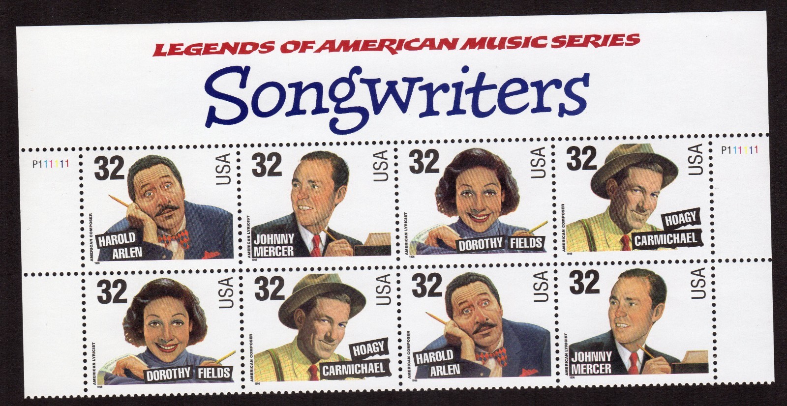 Scott #3103a (3100-3103) Songwriters - 32¢ Title Plate Block of 8 Stamps - MNH