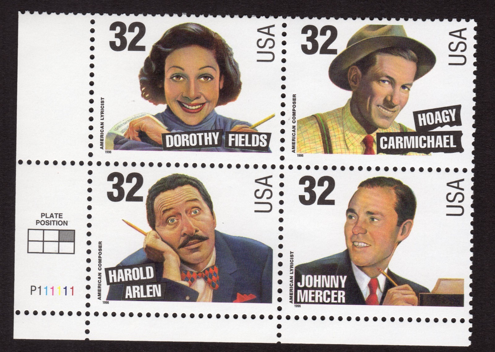 Scott #3103a (3100-3103) Songwriters - 32¢ Plate Block of 4 Stamps - MNH LL