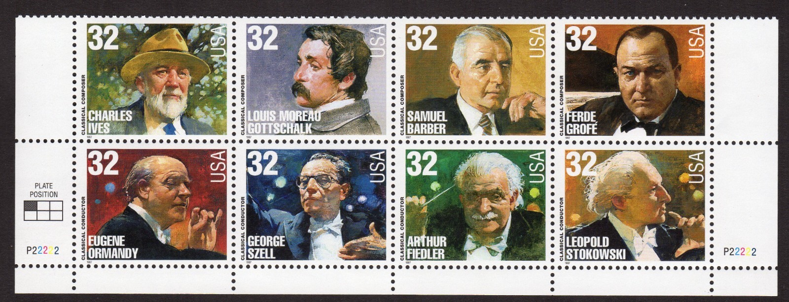 Scott #3165a Classical Composer & Conductors Plate Block of 8 Stamps MNH Bottom