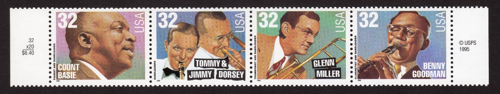 Scott #3099a (3096-99) Big Band Leaders Strip of 4 Stamps - MNH w/Price