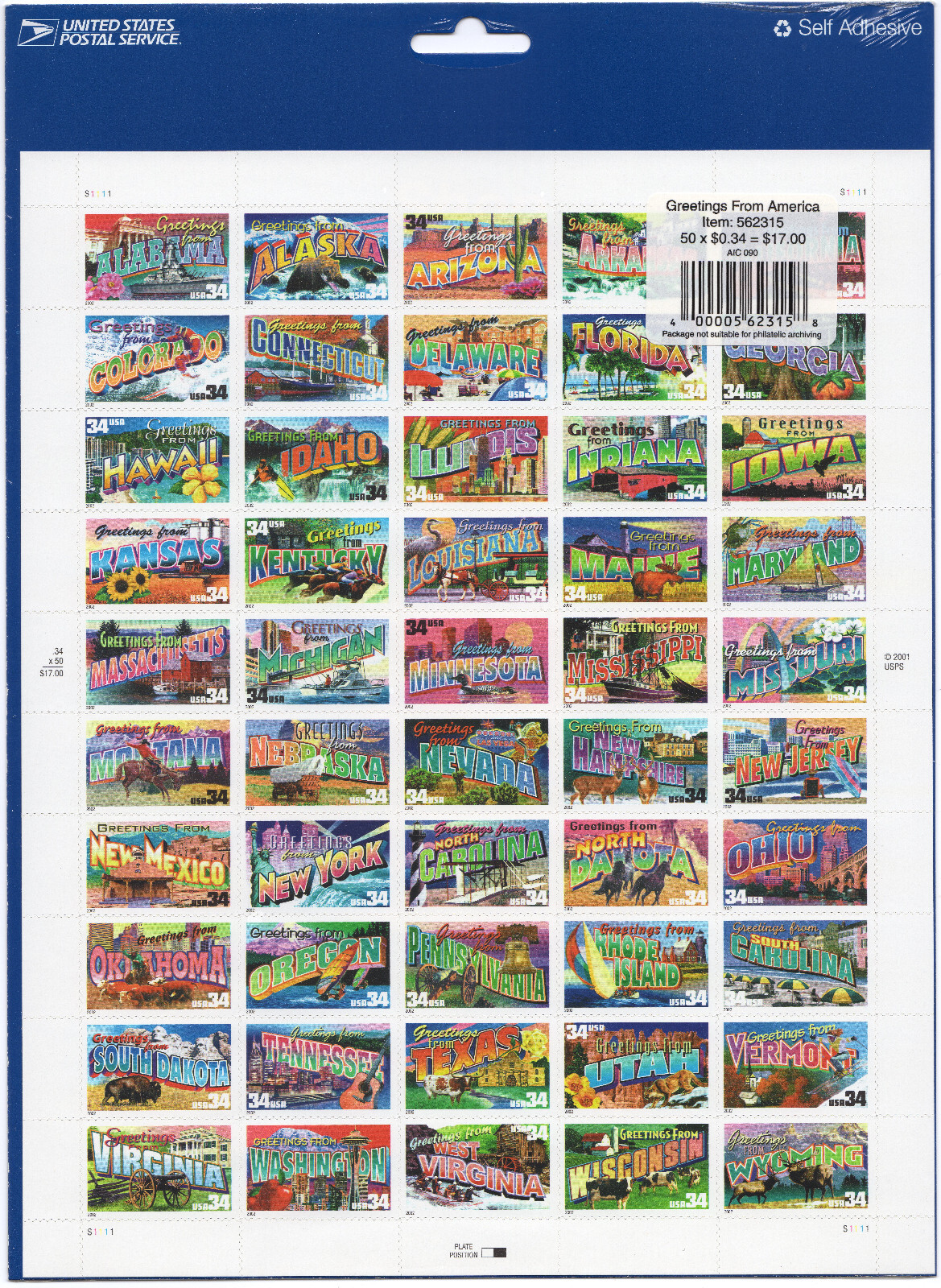 Scott #3561-3610a Greetings America Full Sheet of 50 Stamps - Sealed Blue