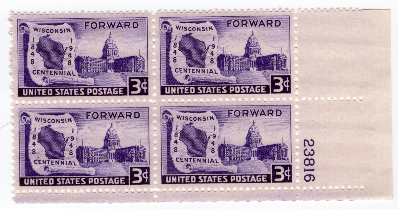 Scott #957 Wisconsin Forward Block of 4 Stamps - MNH P#23816 LR
