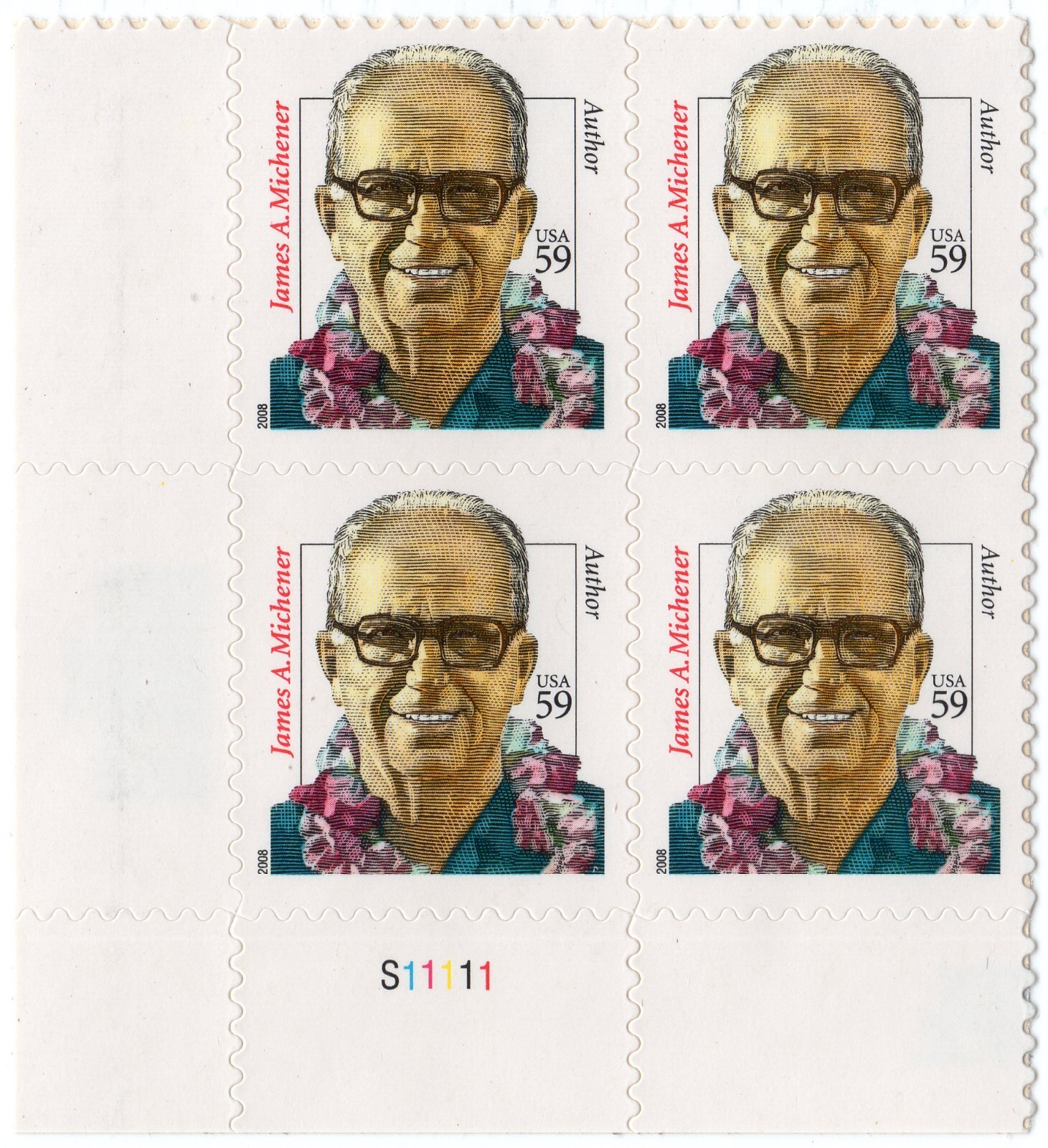 Scott #3427A James Michener Plate Block of 4 Stamps - MNH