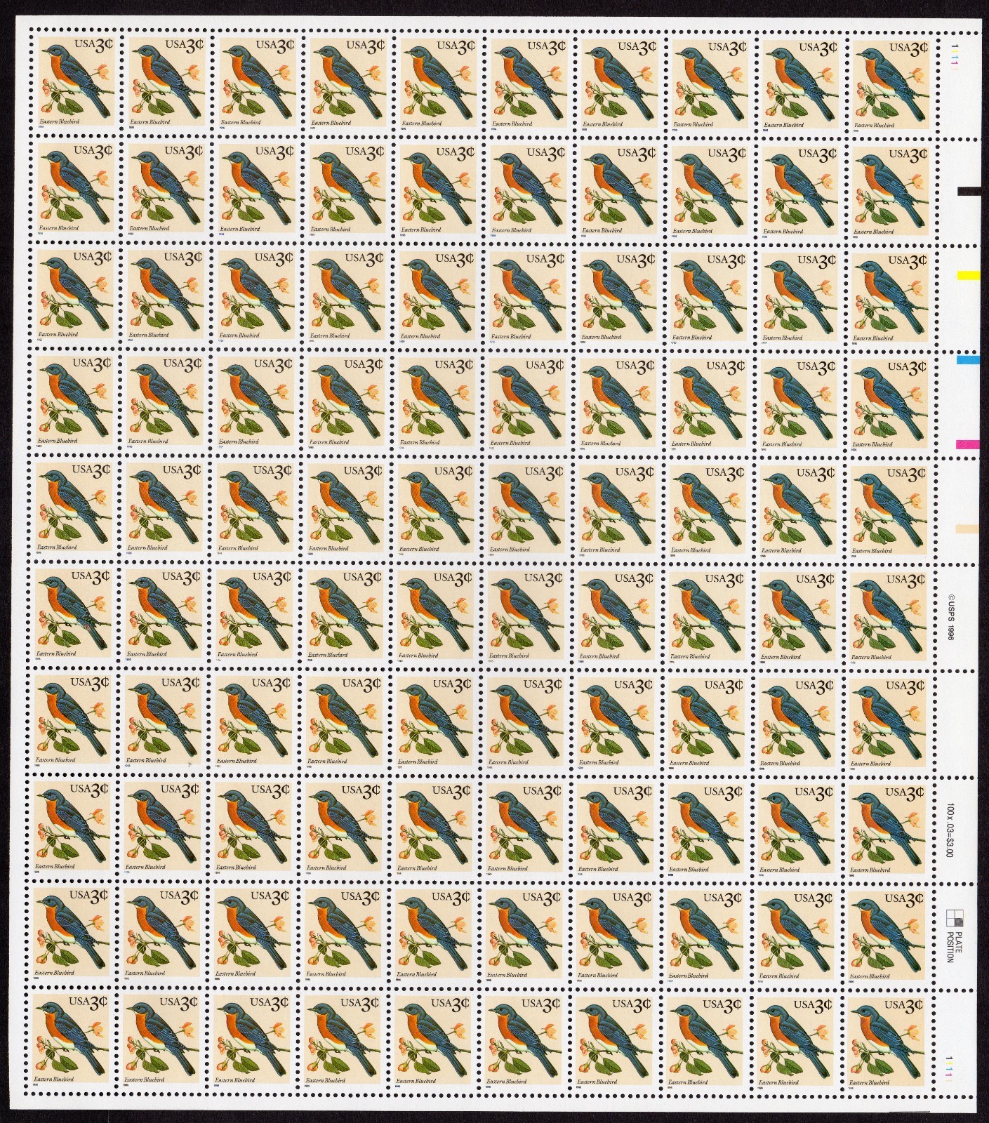 Scott #3033 Eastern Bluebird Sheet of 100 Stamps - MNH Right #1