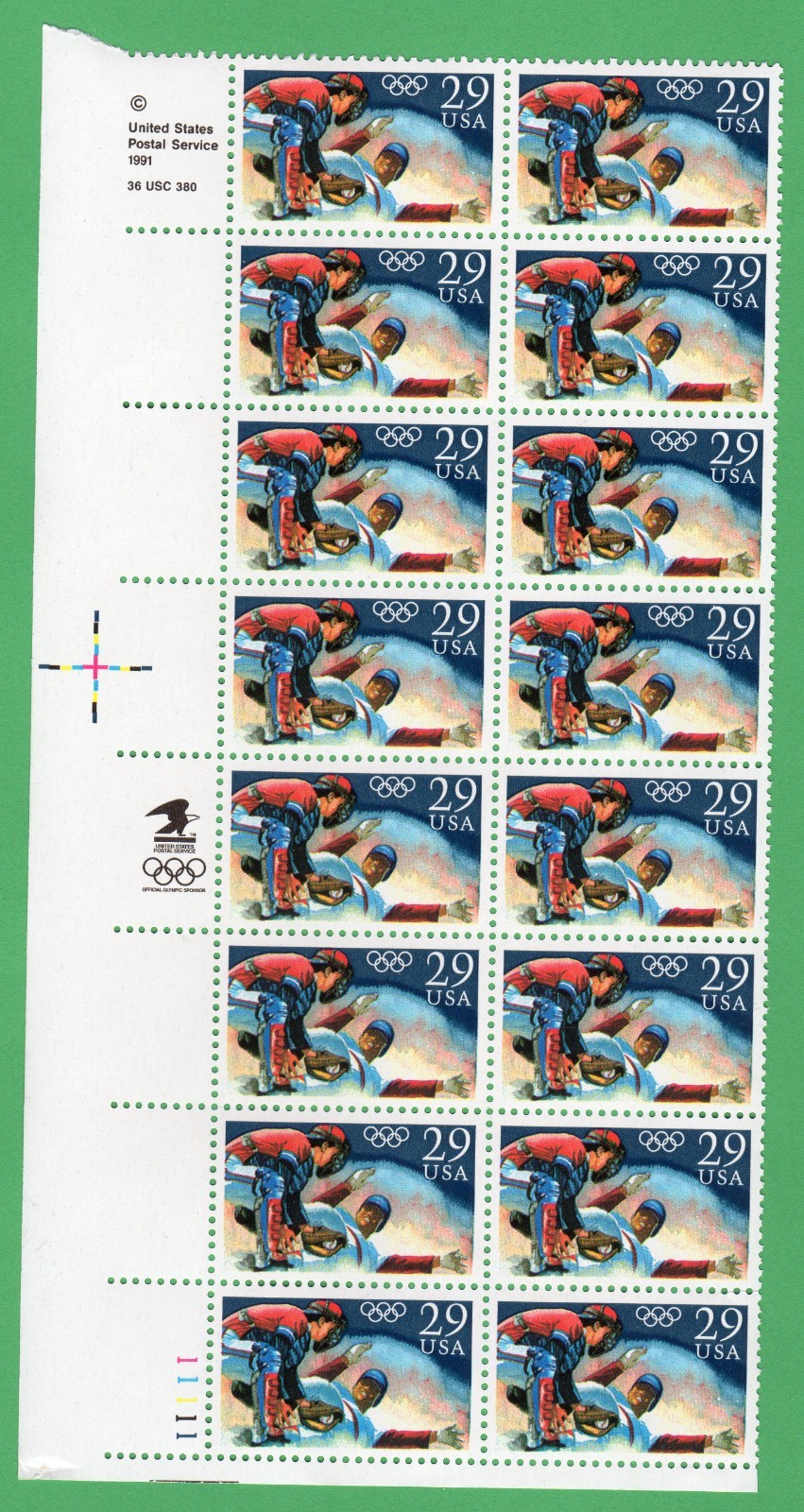 Scott #2619 29¢ Summer Olympic Baseball Plate Block of 16 Stamps - MNH LL