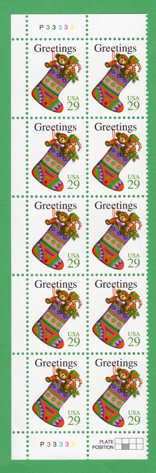 Scott #2872 Christmas Stocking Plate Block of 10 Stamps - MNH Left