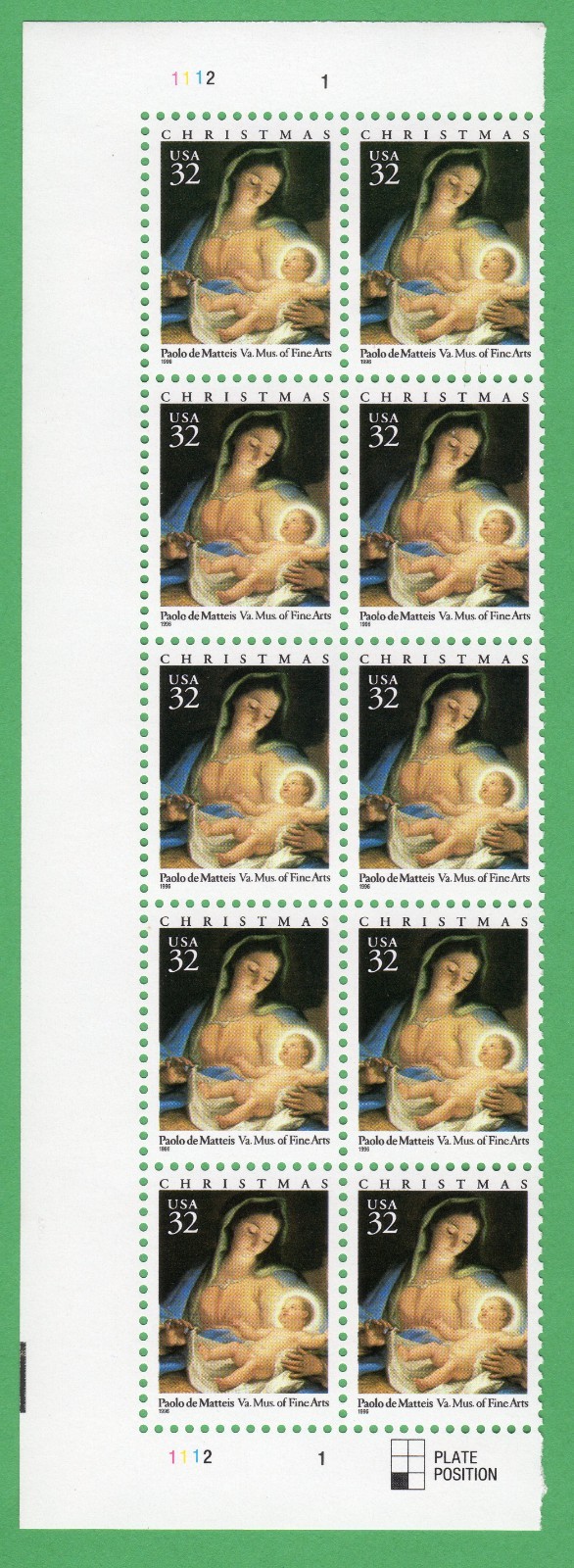 Scott #3107 Madonna (Mary, Matteis) Plate Block of 10 Stamps - MNH Left