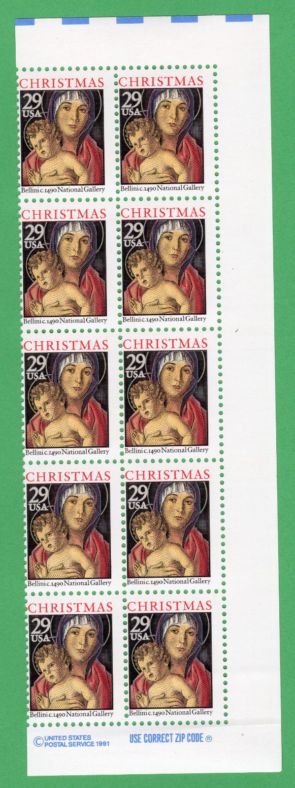 Scott #2710 Madonna & Child (Bellini) Plate Block of 10 Stamps - MNH Right