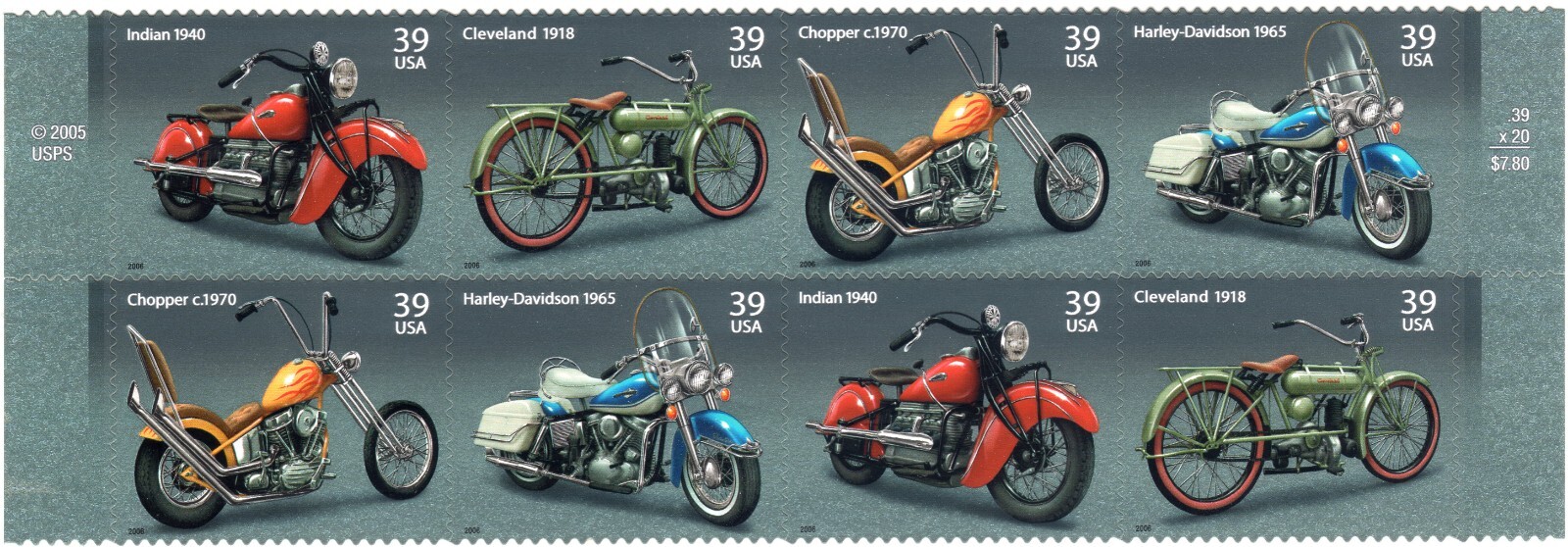 Scott #4088a (4085-4088) Am Motorcycles Block of 8 Stamps - MNH