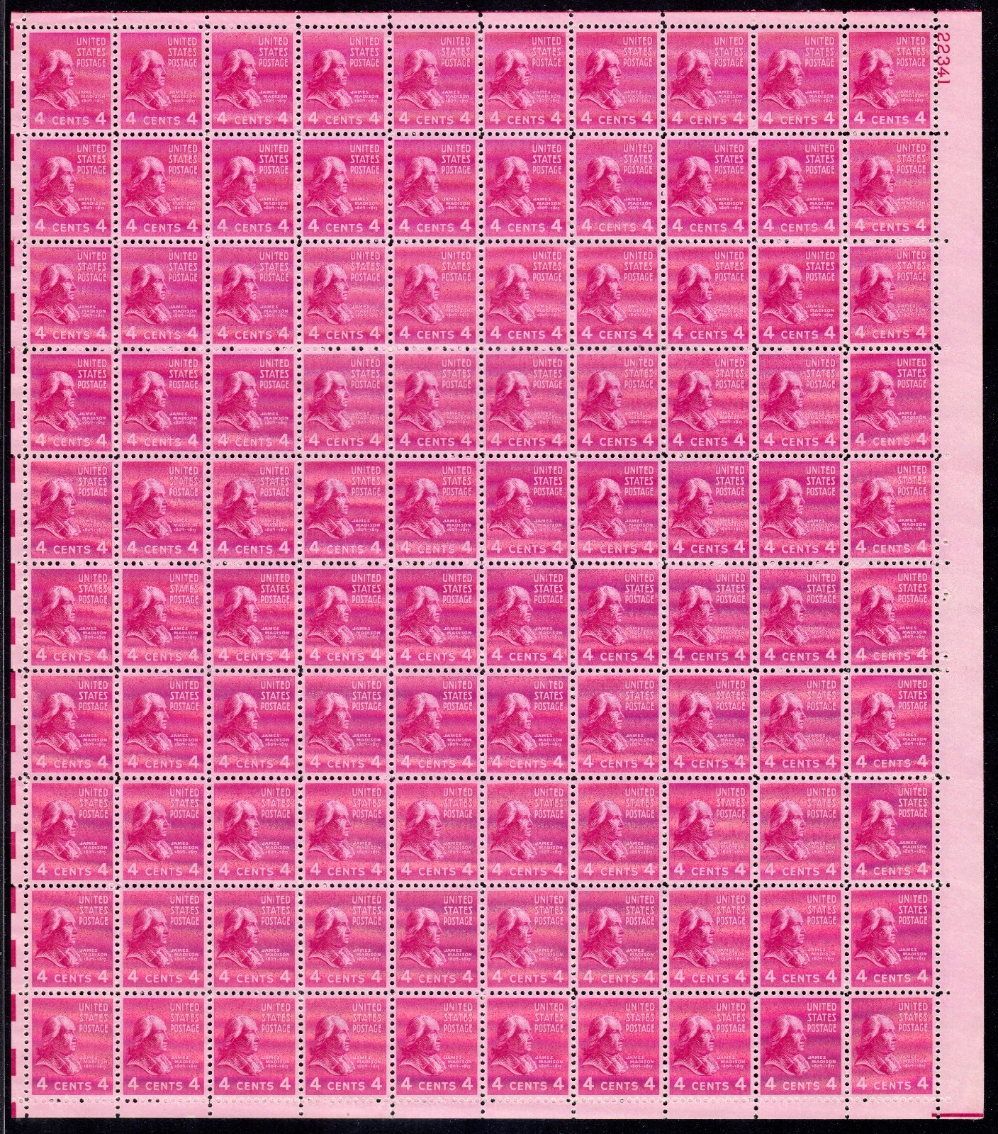 Scott #808 James Madison Sheet of 100 Stamps - MNH P#22341 LR XF
