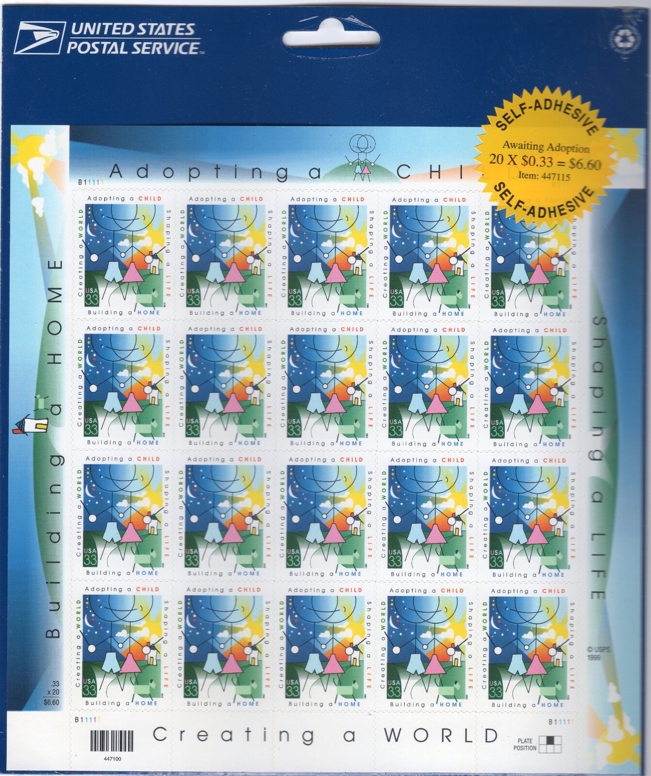 Scott #3398 33¢ ADOPTING A CHILD Full Sheet of 20 Stamps - Sealed