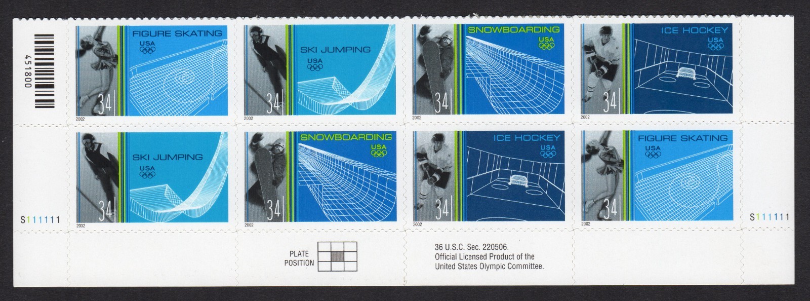 Scott #3555a Winter Sports (Ice Hockey) Plate Block of 8 Stamps - MNH