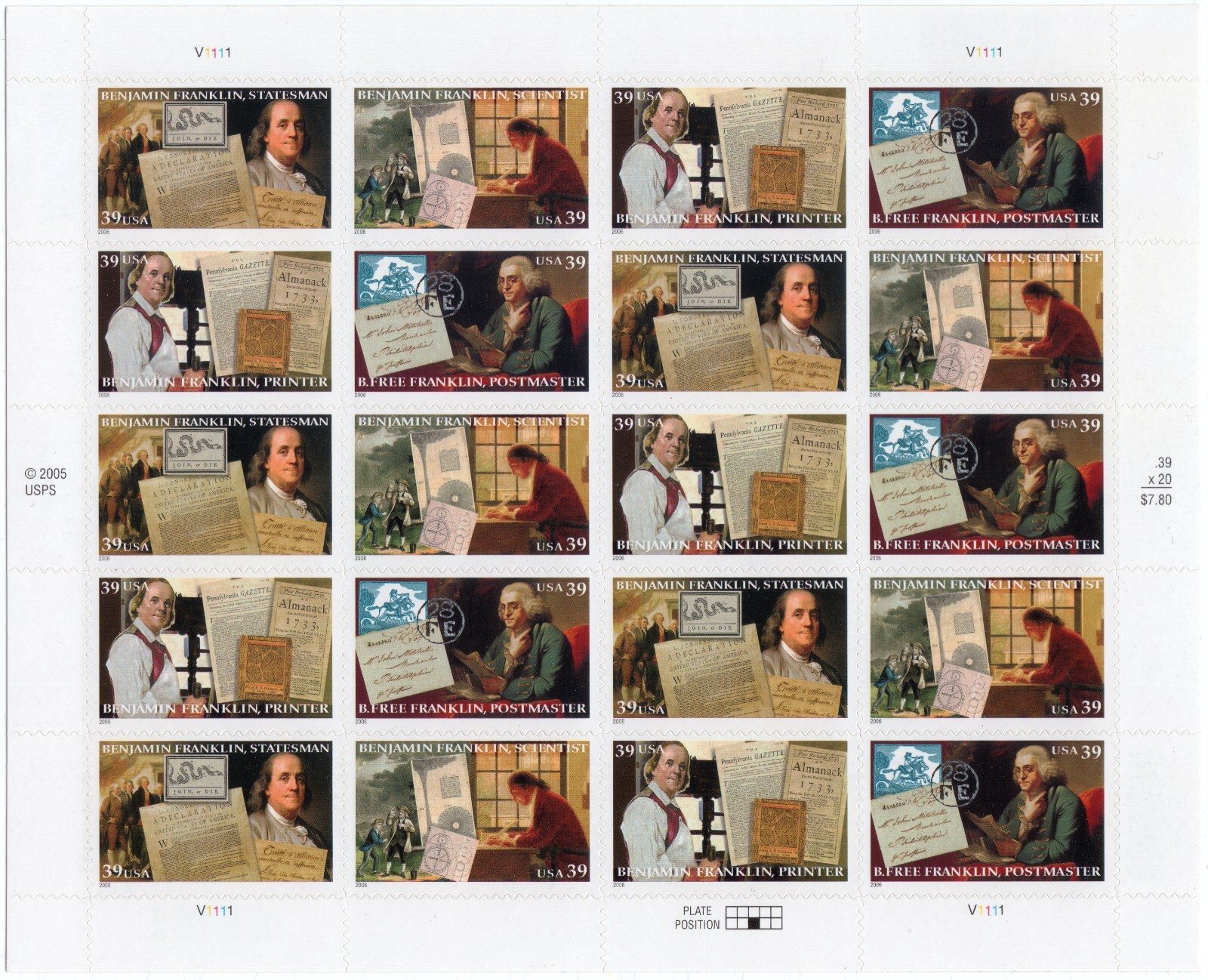 Scott #4024a (4021-24) Ben Franklin Sheet of 20 Stamps - MNH