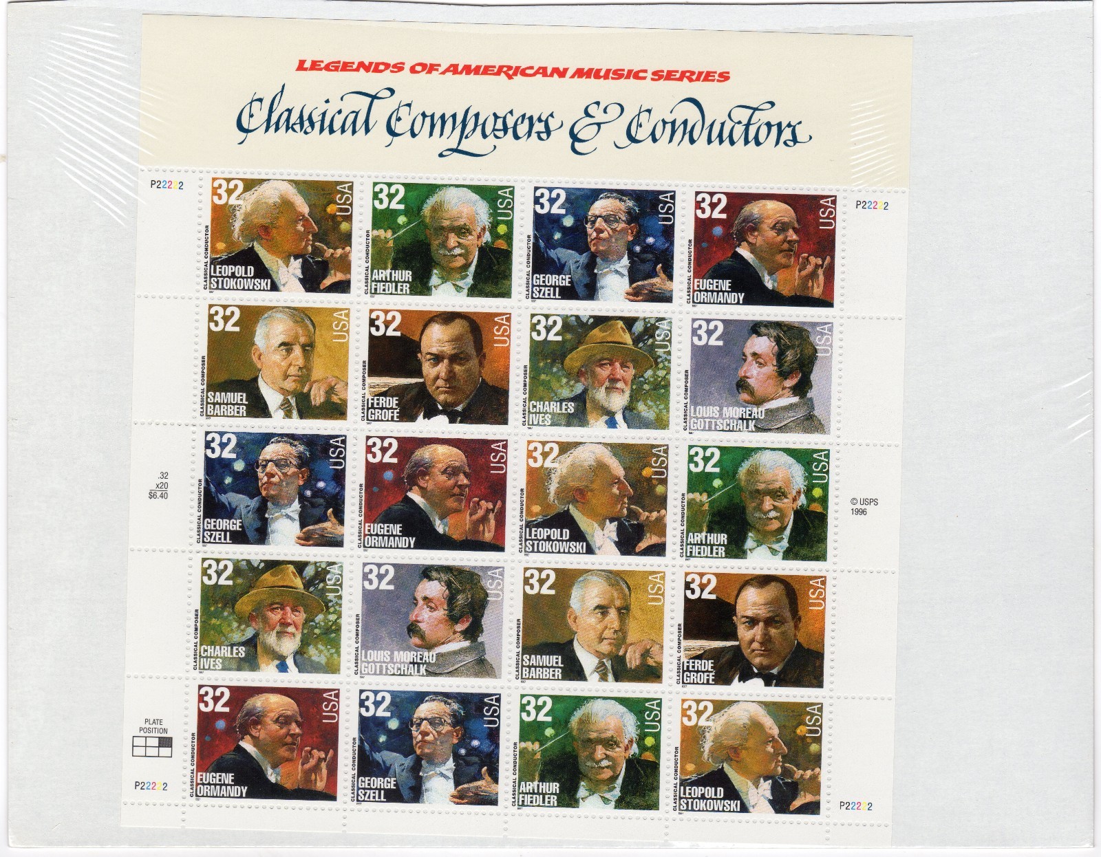 Scott #3165a Classical Composers & Conductors Sheet of 20 Stamps - Sealed White