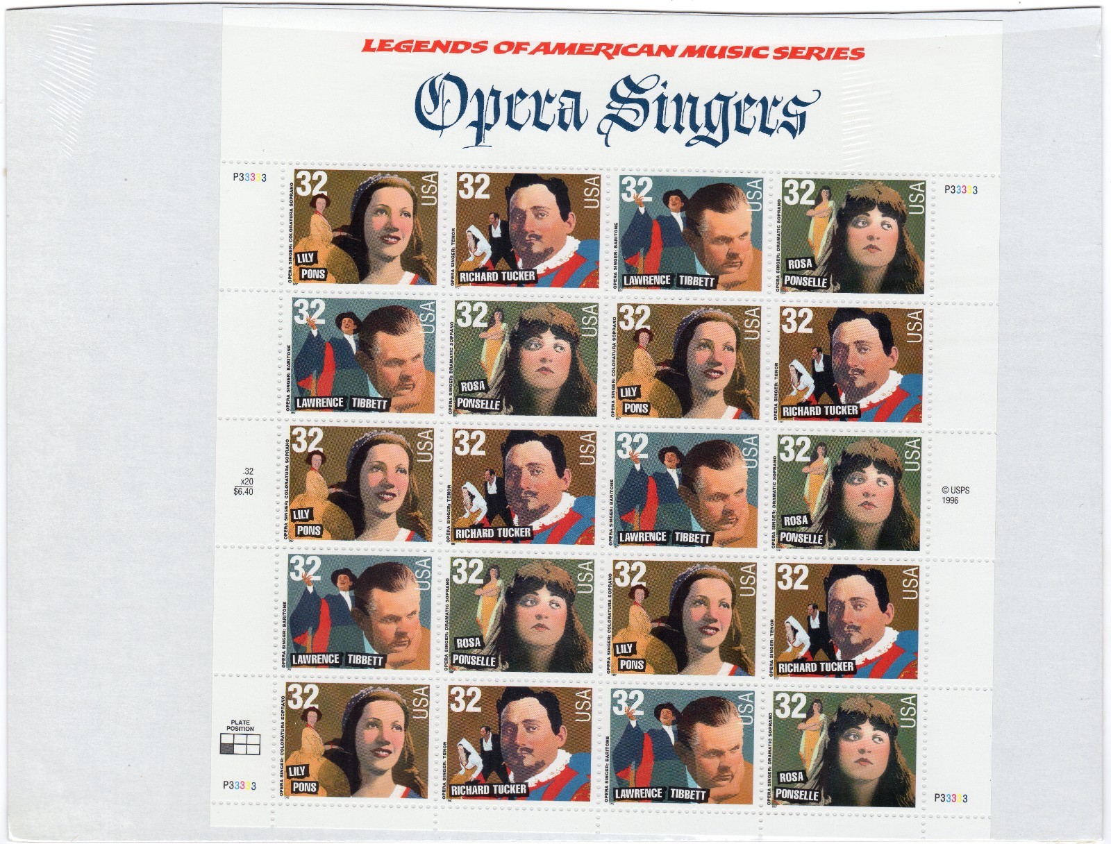 Scott #3154-3157a Opera Singers Sheet of 20 Stamps - Sealed White