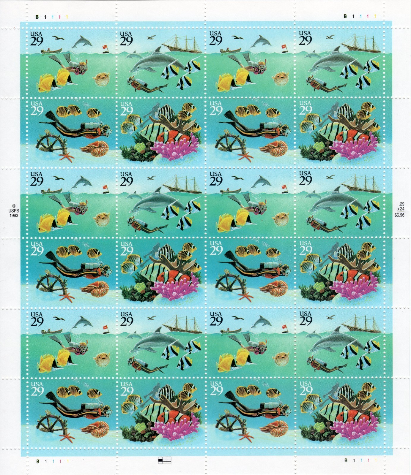 Scott #2866a (2863-2866) Wonders Of The Sea Sheet of 24 Stamps - MNH P#B1111