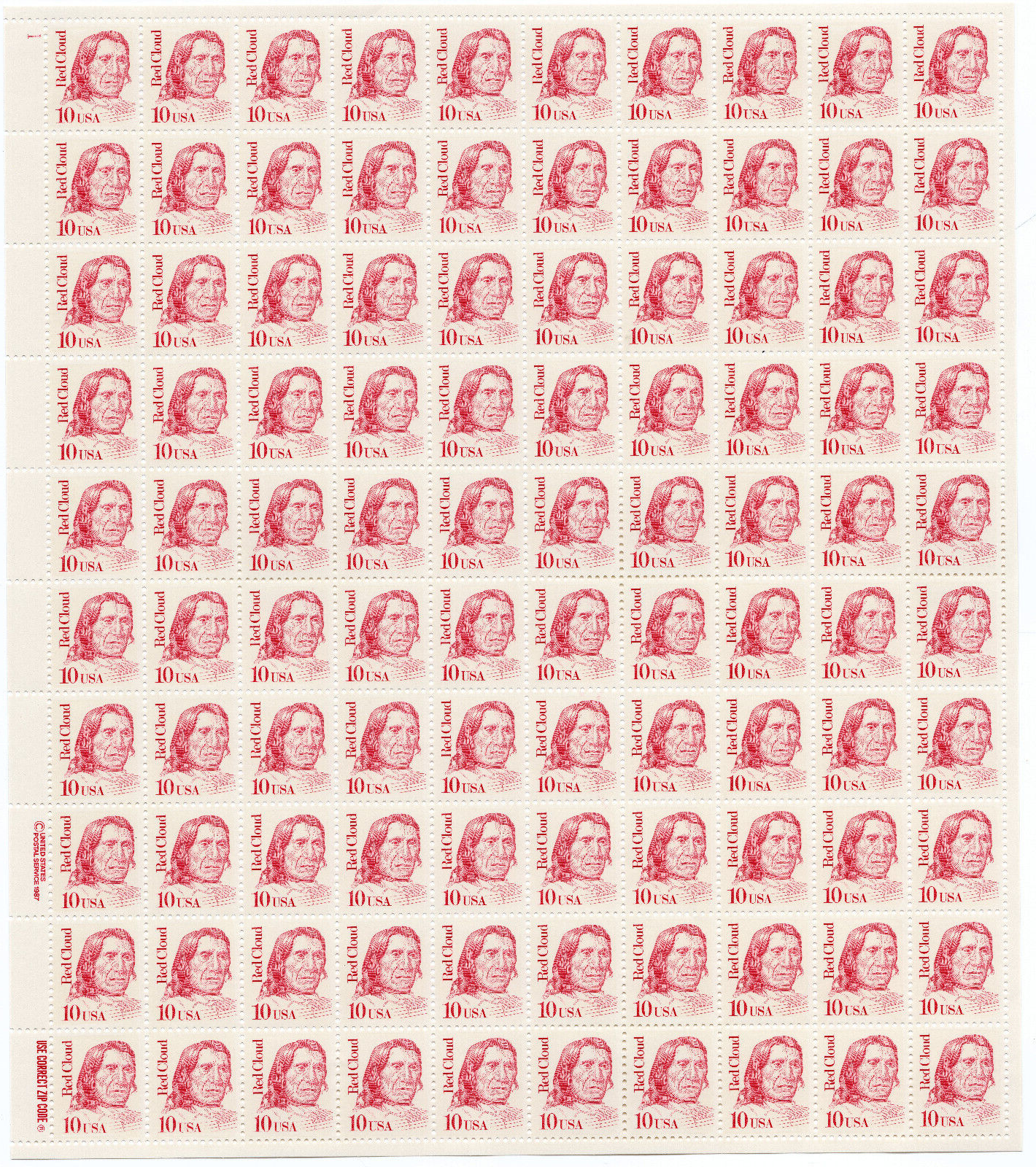 Scott #2175 Red Cloud Sheet of 100 Stamps - MNH P#1 UL Dull Gum #9