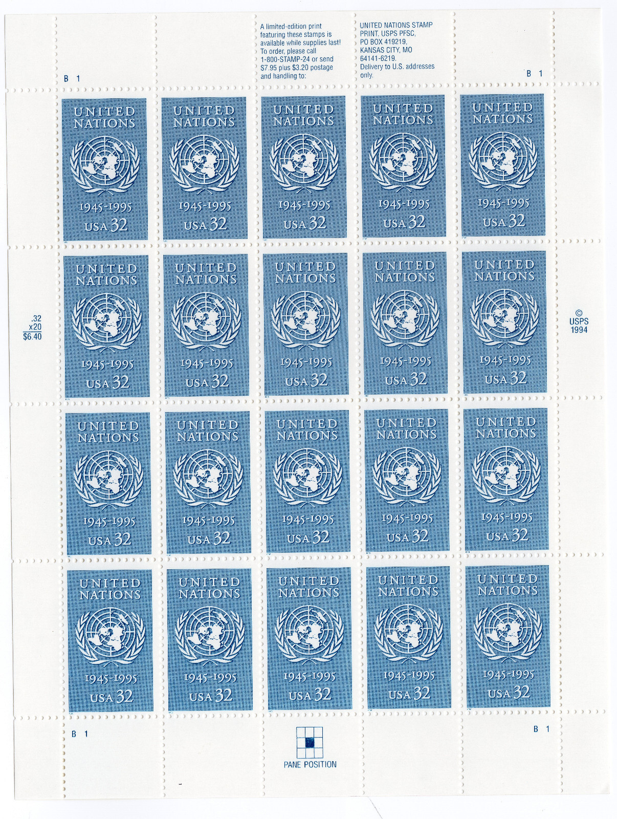 Scott #2974 United Nations (New York) Full Sheet of 20 Stamps - MNH