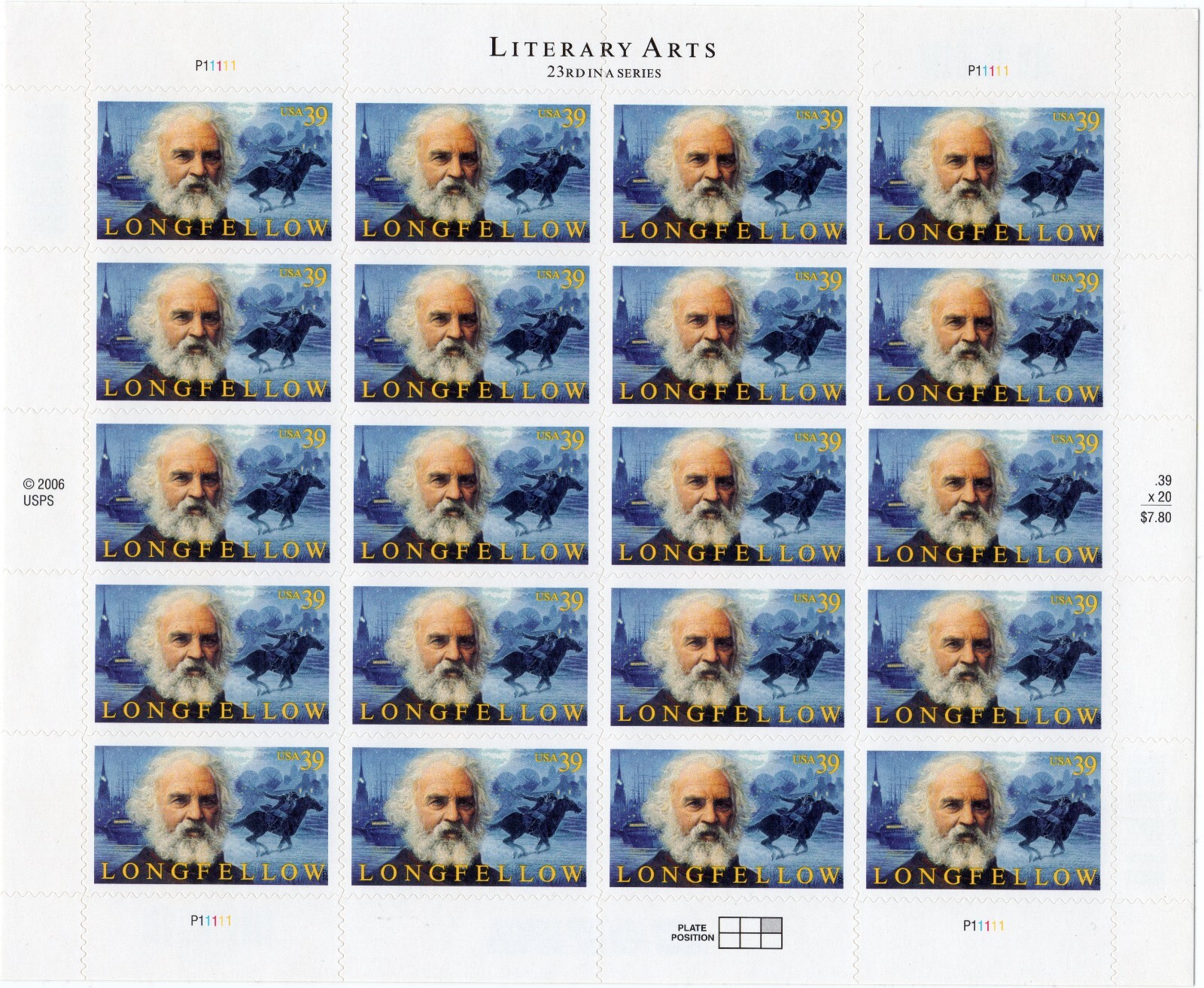 Scott #4124 Henry Wadsworth Longfellow Sheet of 20 Stamps - MNH