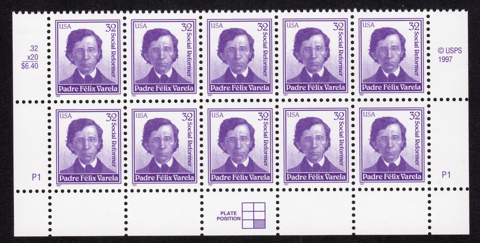 Scott #3166 Padre Felix Varela Plate Block of 10 Stamps - MNH Bottom LR