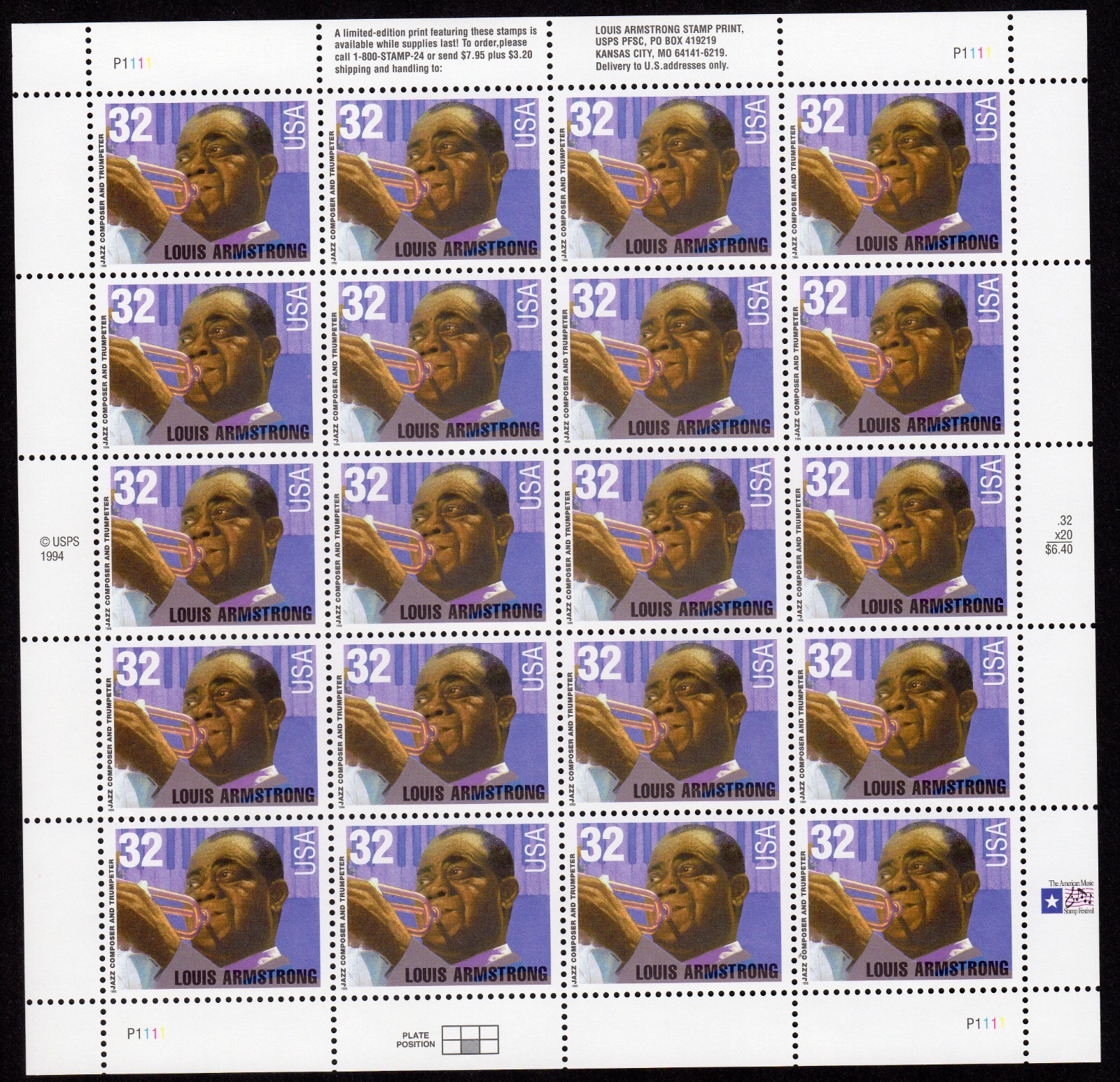 Scott #2982 Louis Armstrong 32¢ Sheet of 20 Stamps - MNH P#1111