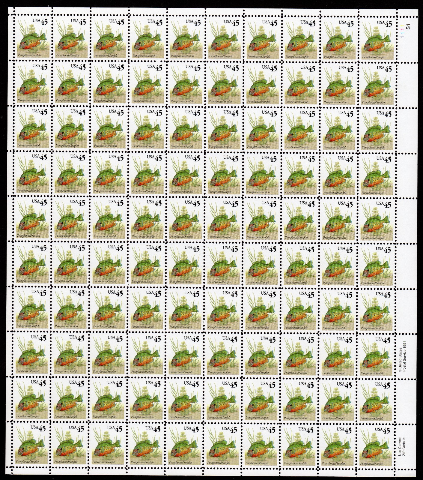 Scott #2481 Pumpkinseed Sunfish Sheet of 100 Stamps - MNH P#S1-1111 UR