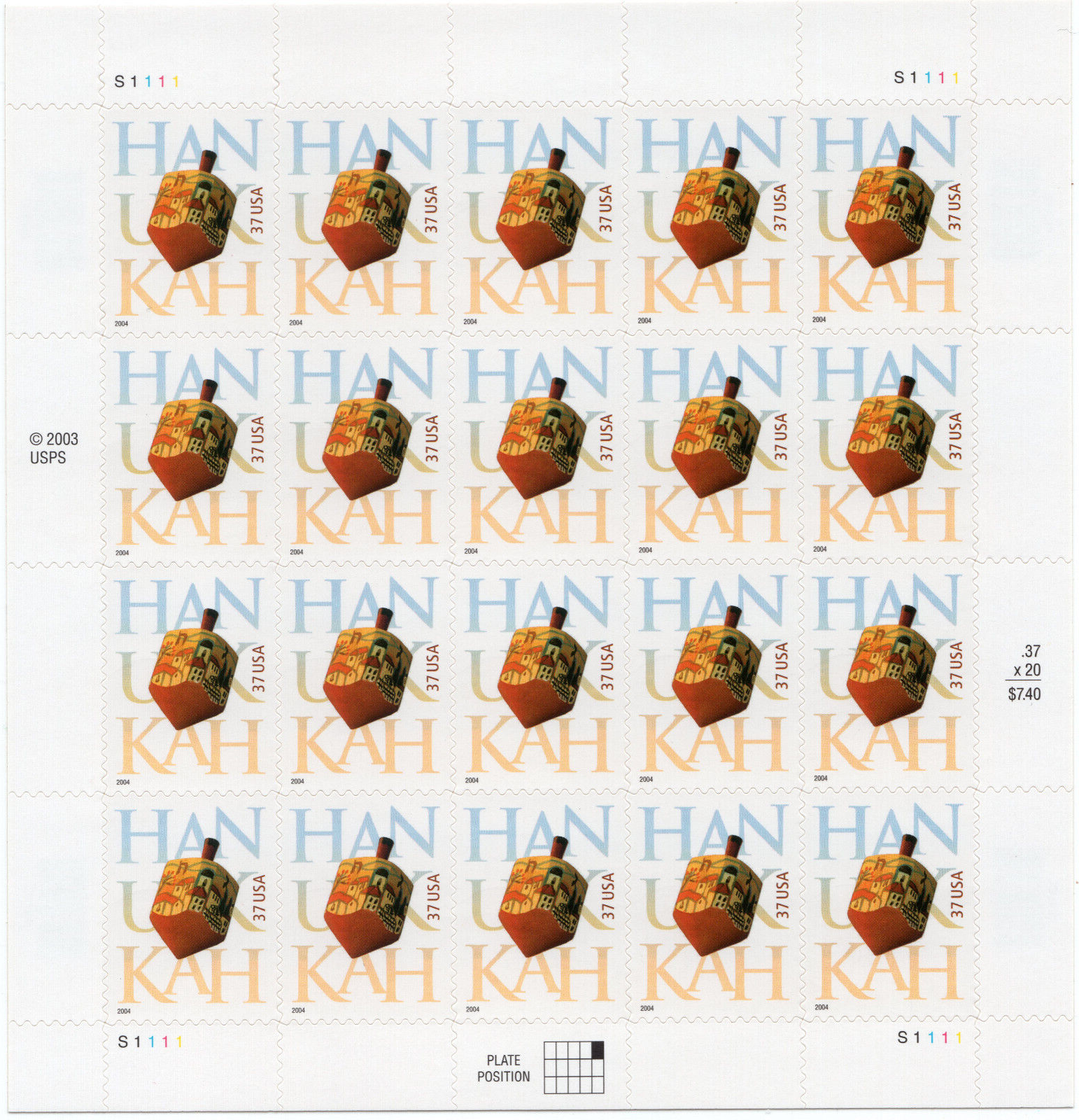 Scott #3880 Hanukkah (Jewish Holiday) Full Sheet of 20 Stamps - MNH