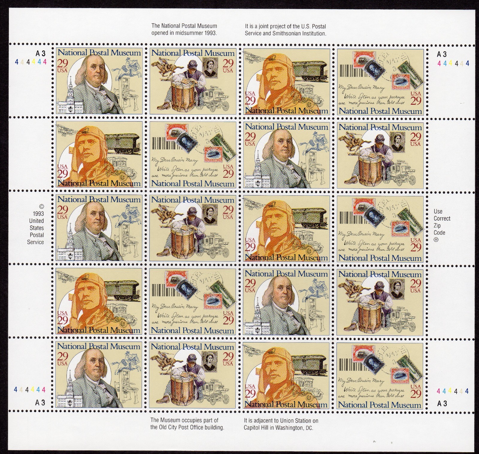 Scott #2782a (2779-82) National Postal Museum Sheet of 20 Stamps MNH P#A3-444444