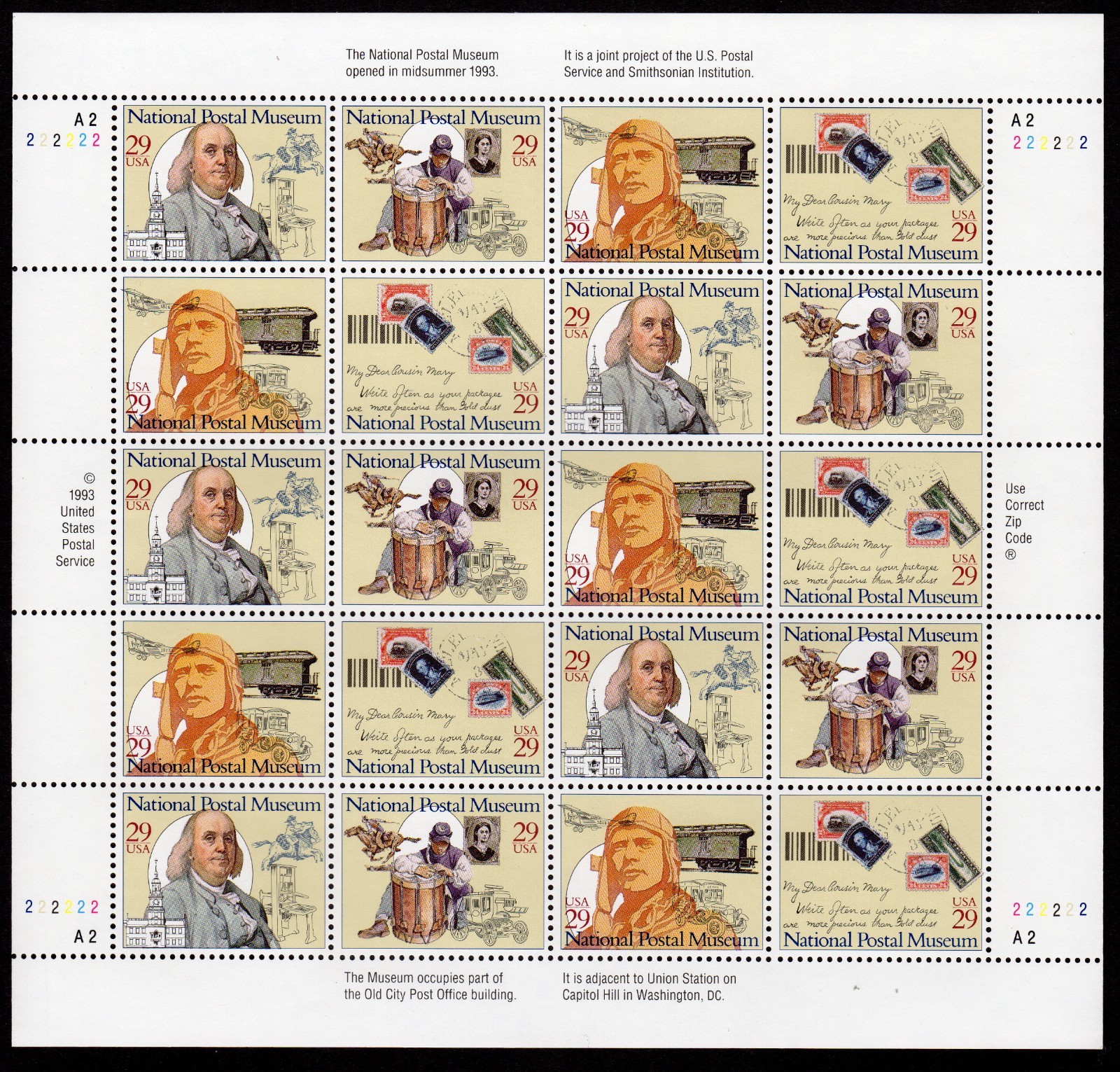 Scott #2782a (2779) National Postal Museum Sheet of 20 Stamps MNH P#A2-222222
