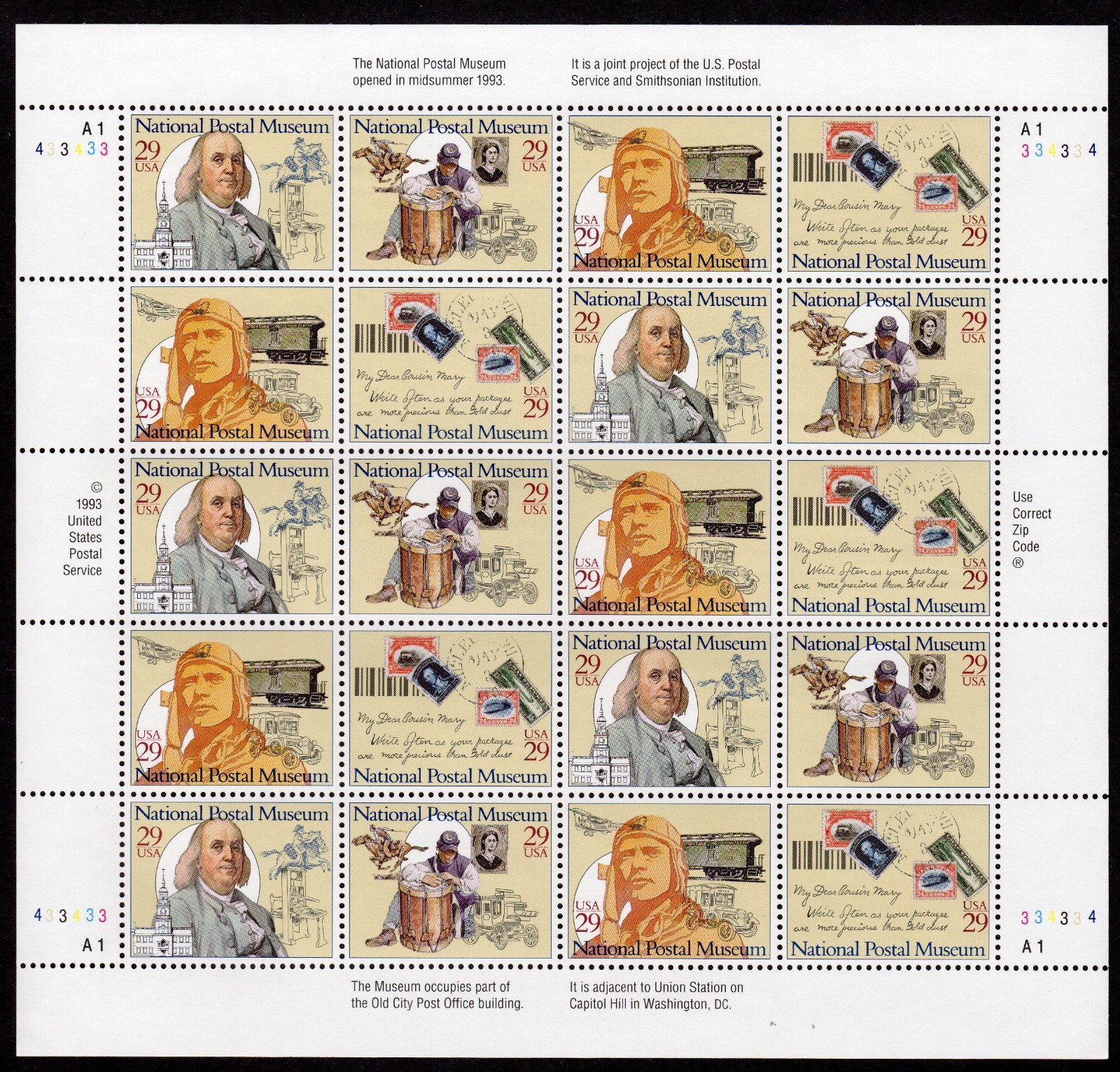 Scott #2782a (2779) National Postal Museum Sheet of 20 Stamps MNH P#A1-334334