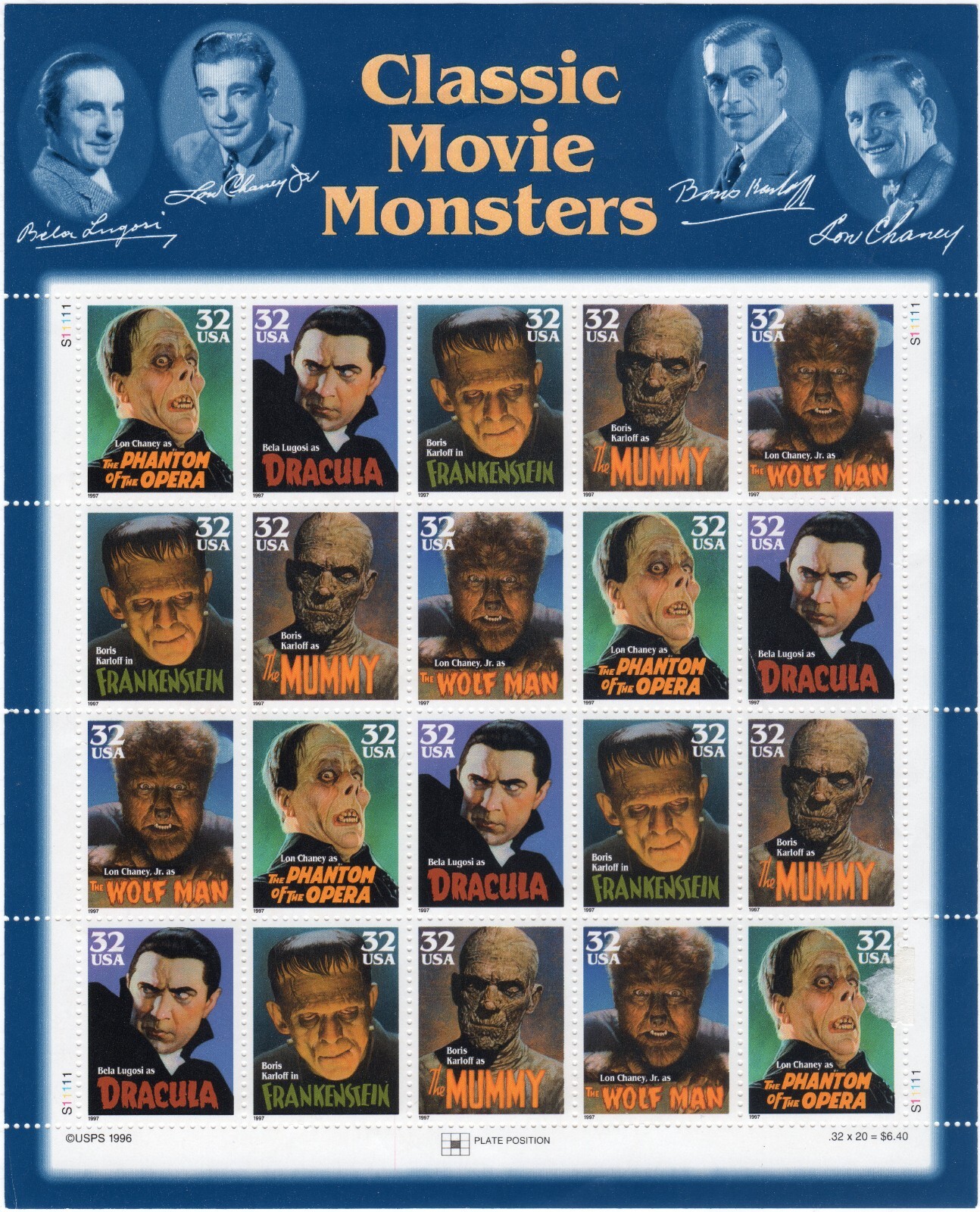 Scott #3172a (3168-3172) Classic Movie Monsters Sheet of 20 Stamps - MNH