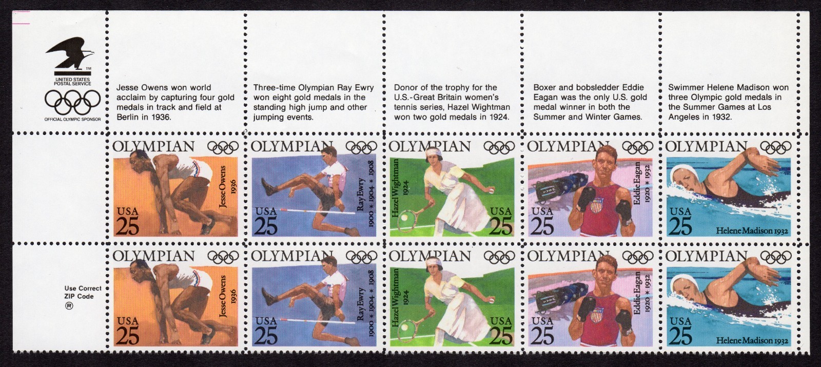 Scott #2496-2500a Olympian Eagle & Description Block of 10 Stamps - MNH UL