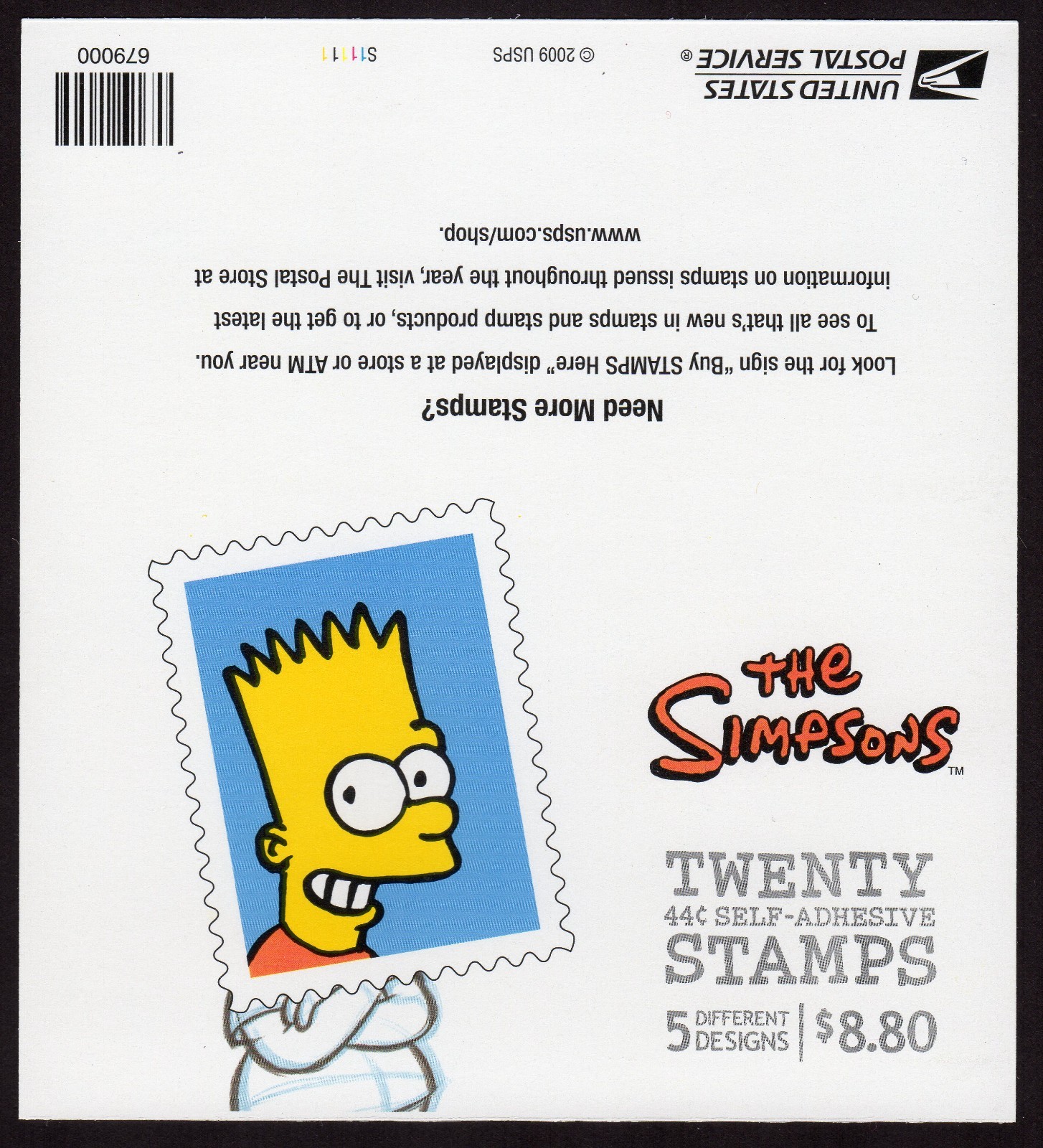 Scott #4403b 44¢ Simpsons Booklet of 20 Stamps - MNH Bart on Back