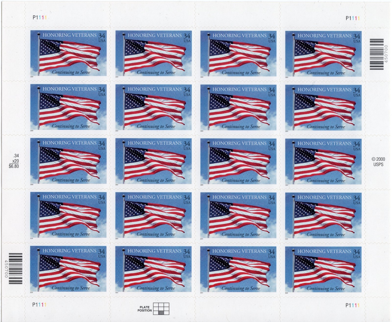 SCOTT #3508 US Flag Honoring Veterans Complete Sheet of 20 Stamps - MNH