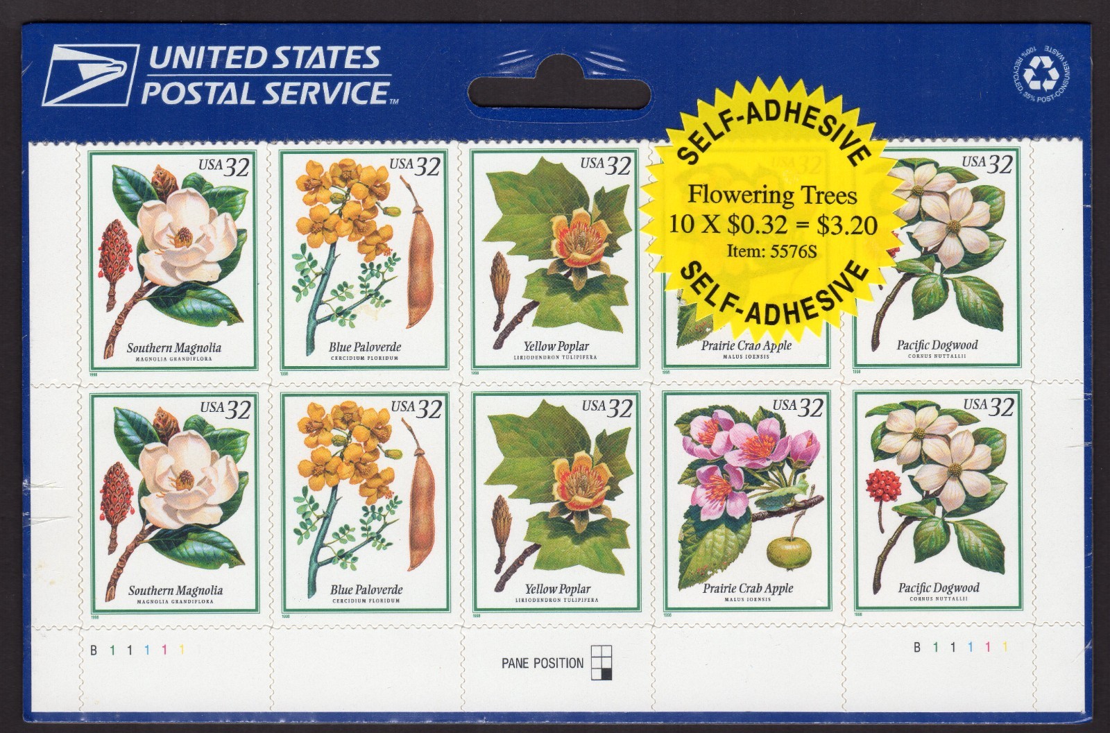 Scott #3197a (3193-97) Flowering Trees Plate Block of 10 Stamps - Sealed Blue