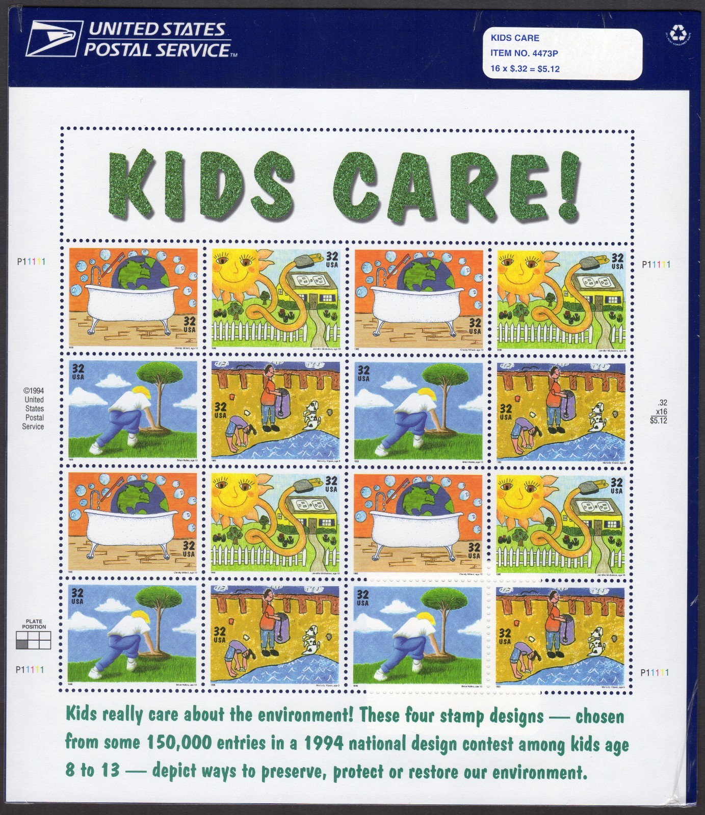 Scott #2954a Earth Day (Kids Care) Complete Sheet of 16 Stamps - Sealed Blue