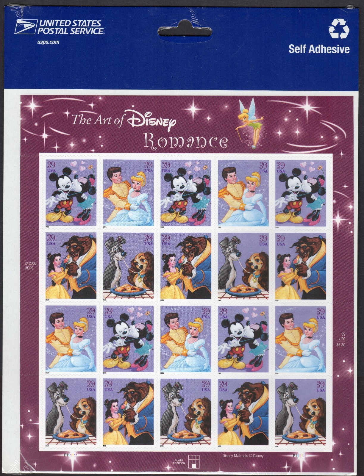 Scott #4028a (4025-28) Disney Romance Sheet of 20 Stamps - Sealed Blue