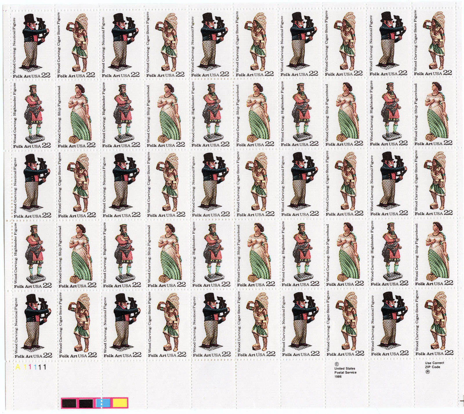 Scott #2243a (2240-43) Woodcarving Figures Folk Art Sheet Of 50 Stamps - MNH