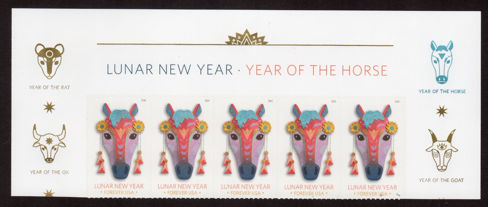 Scott #6054 Lunar (Chinese) New Year Horse Title Block of 5 Stamps - MNH 2026