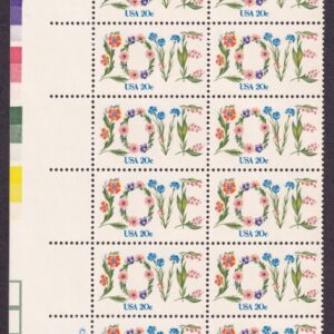 Scott #1951 Love Flowers Plate Block of 20 Stamps - MNH UL