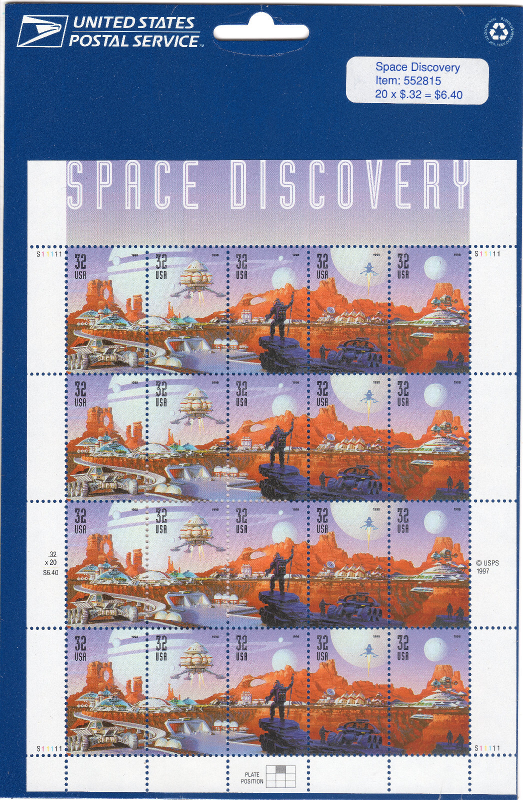 Scott #3242a Space Discovery Sheet of 20 Stamps - Sealed Blue
