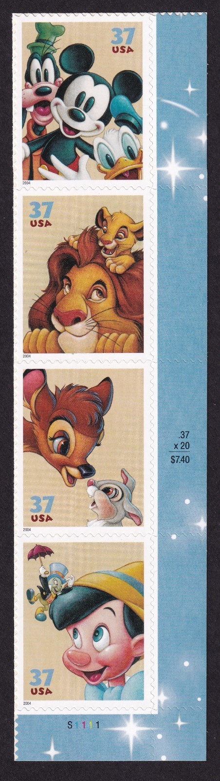 Scott #3868a (3865-68) Disney Friendship Vertical Strip of 4 Stamps - MNH LR