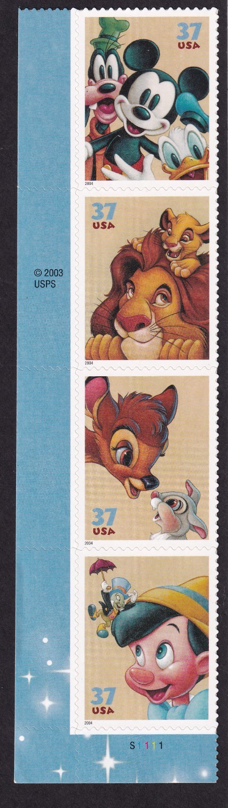 Scott #3868a (3865-68) Disney Friendship Vertical Strip of 4 Stamps - MNH LL