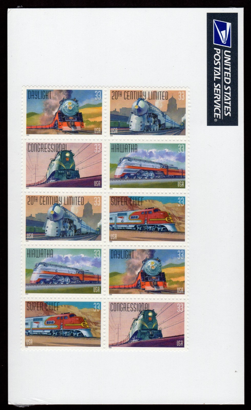 Scott #3337a (3333-3337) All Aboard! Trains Block of 10 Stamps - Sealed White