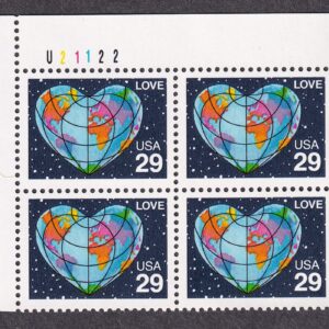 Scott #2535 Heart Globe Map Plate Block of 4 Stamps - MNH UL