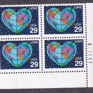 Scott #2535 Heart Globe Map Plate Block of 4 Stamps - MNH LR