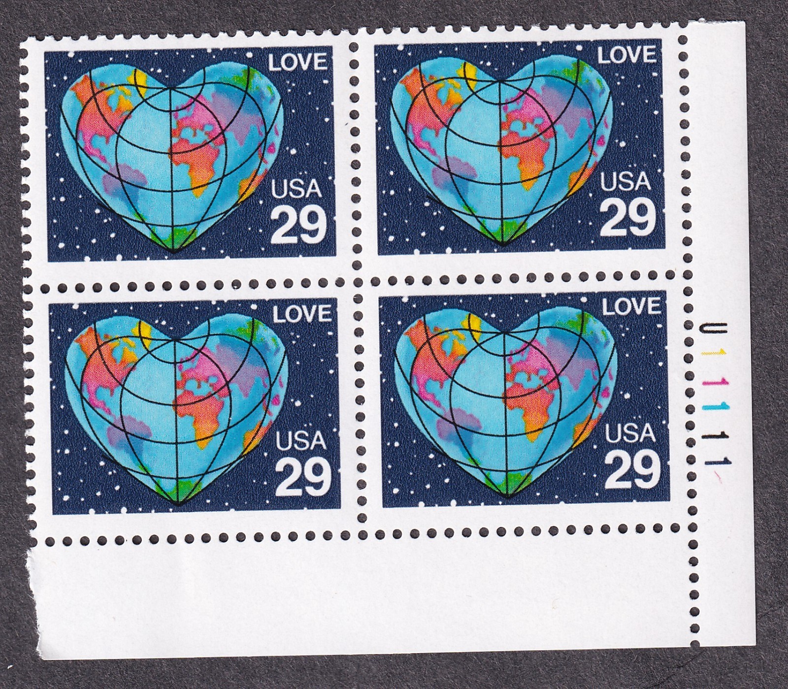 Scott #2535 Heart Globe Map Plate Block of 4 Stamps - MNH LR