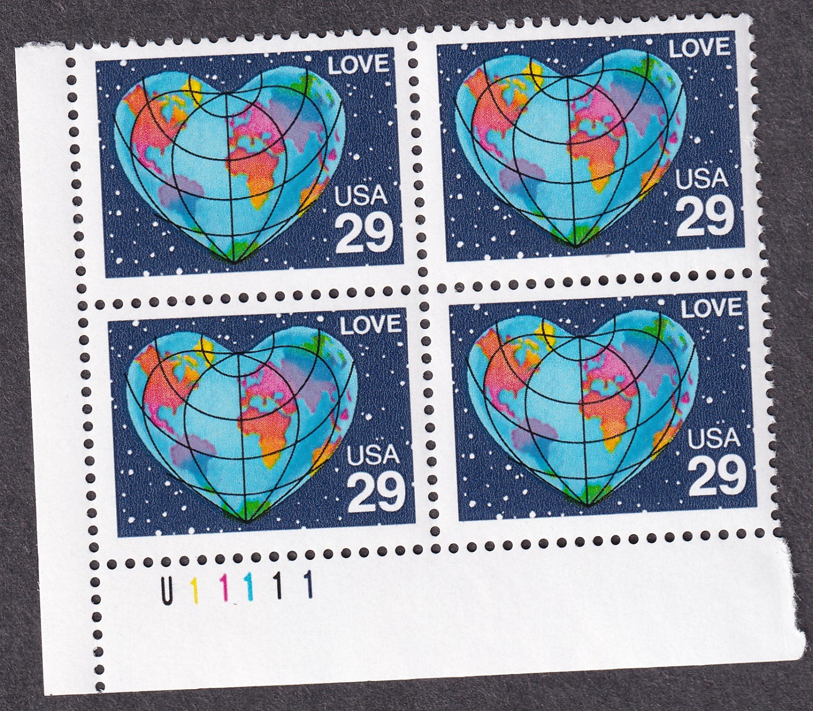 Scott #2535 Heart Globe Map Plate Block of 4 Stamps - MNH LL