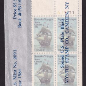 Scott #2093 Roanoke Voyages (North Carolina) Plate Block of 4 Stamps - Mystic
