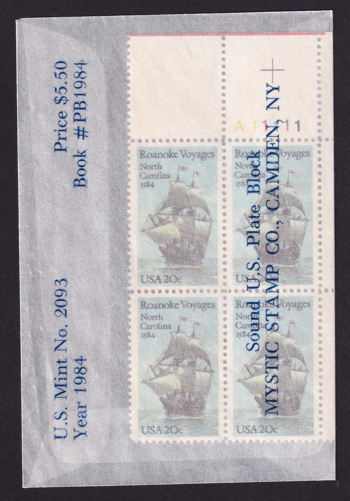 Scott #2093 Roanoke Voyages (North Carolina) Plate Block of 4 Stamps - Mystic